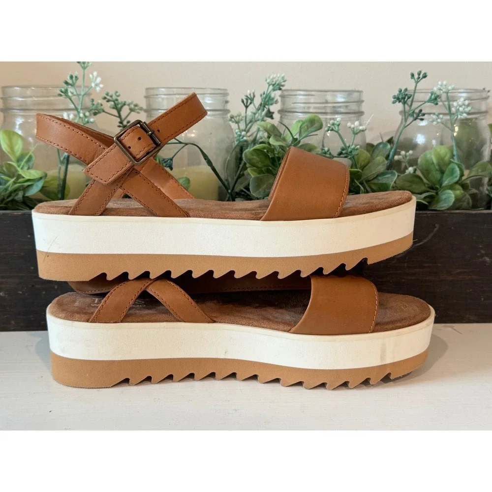TOMS Diana Tan Brown Leather Platform Wedge Ankle Strap Sandals Womens 6.5